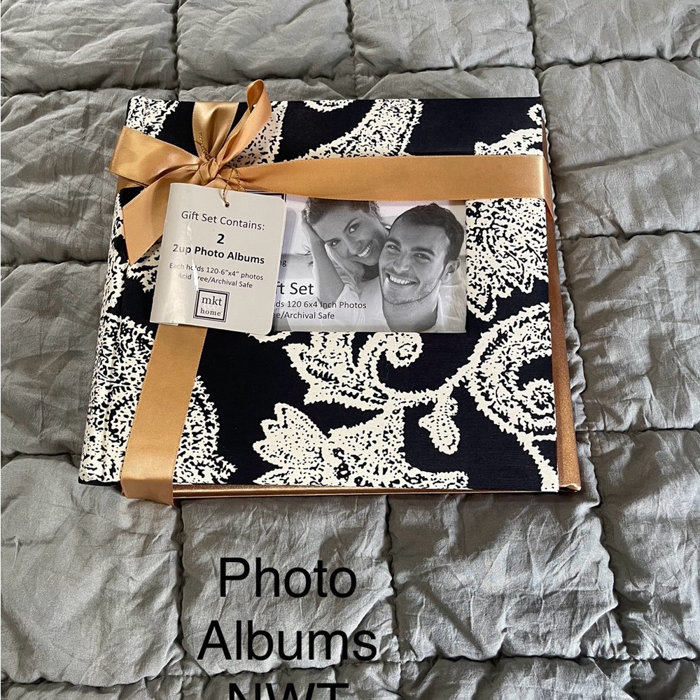 Black and White Photo Album Gift Set with Gold Ribbon